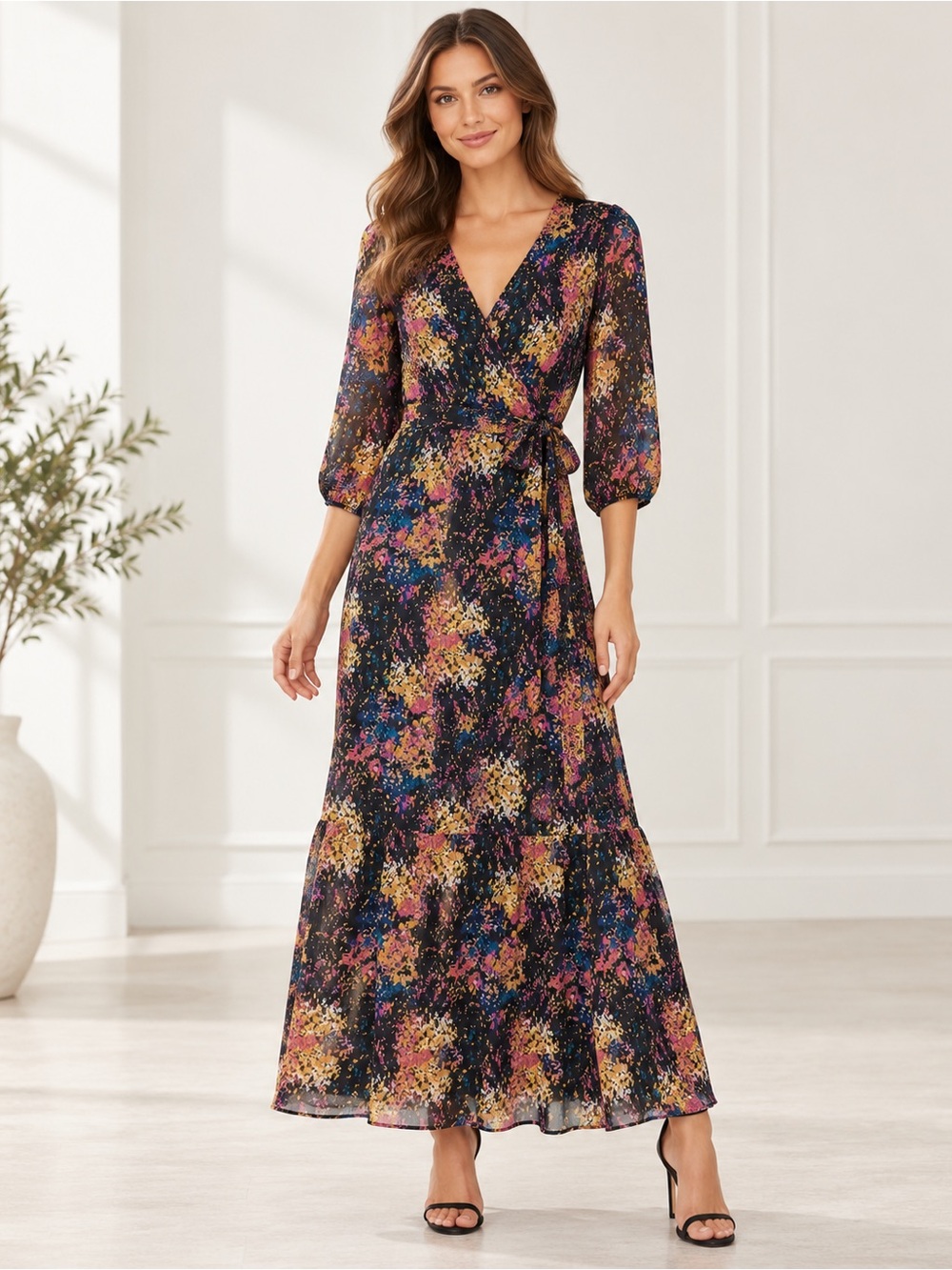 Bar III Black Floral-Print Wrap Maxi Dress Size S